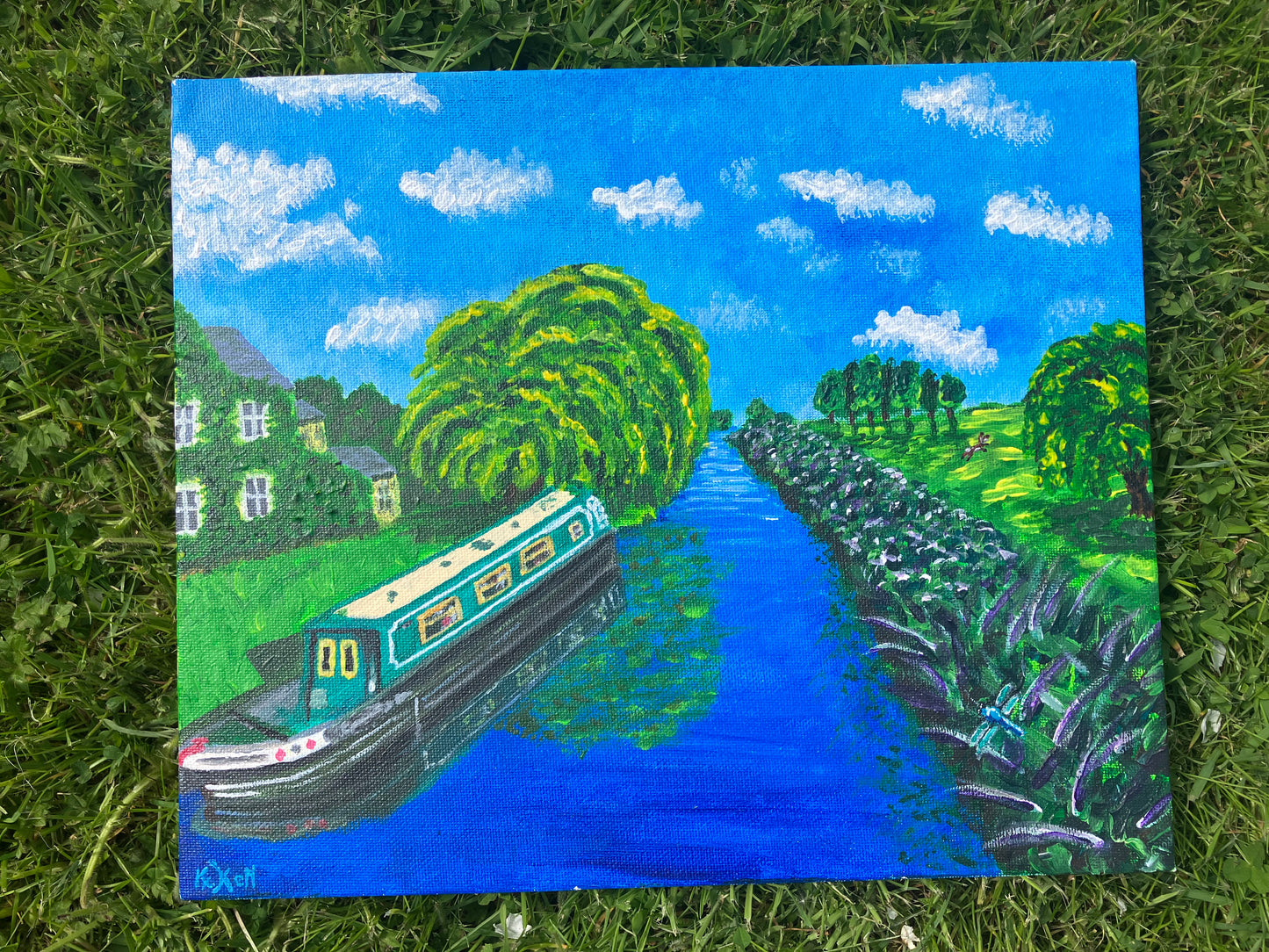 On The Waterways, Original Acrylic Painting, Canvas board, Norfolk Narrowboat