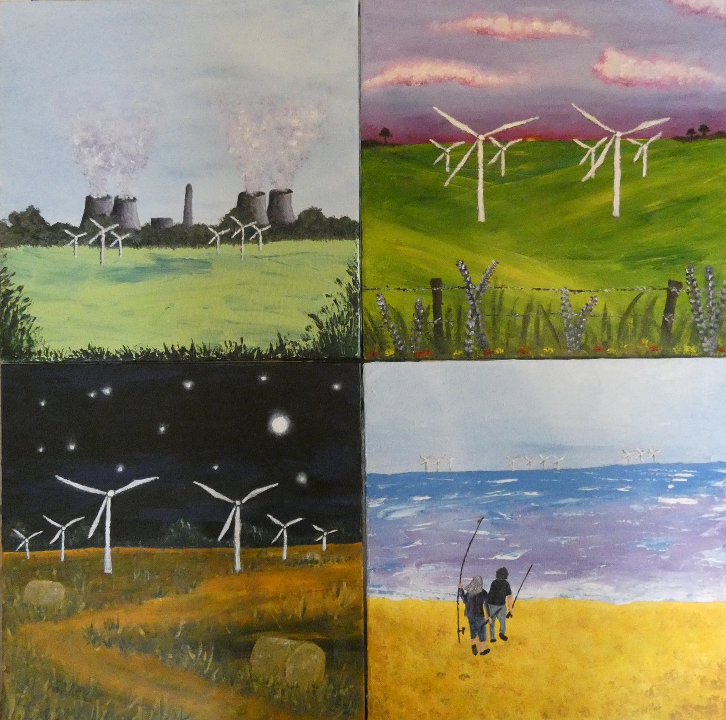 four acrylic paintings on square canvases. Top left is of a power station and four cooling towers in the distance and six wind turbines in front in a green field. Top right is a green field and sunset in the background with white wind turbines on rolling hills. A barbed wire fence with wild flowers is in the foreground. Bottom left is of a nighttime scene of yellow fields and blue-black sky with wind turbines and bottom right is of a couple going fishing on the beach with wind turbines on the horizon