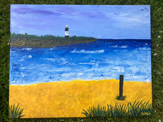 An original acrylic painting of Spurn Point Lighthouse in the East Riding of Yorkshire sat on a green brown stretch of land with a dark blue sea with white crashing waves, getting lighter toward the seashore. The beach at the bottom is bright yellow with a wooden post to the right and green stawy grass at the base. There are four small birds flying in the blue atmospheric sky in the top right. The painting is signed KtKell in the bottom right. 