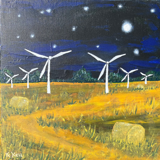 A square acrylic painting on canvas board of a nighttime scene. Dark blue and black sky with white stars and a moon and a yellow field with green grass at either side of a winding path and hay bales. There are six white wind turbines starting from the middle works out to the edges getting smaller.