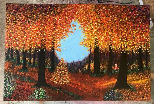 An acrylic painting of autumn woods. Large orange and yellow trees with brown trunks stand at each side of the painting with blue sky is the centre. The floor is orange with a little green grass poking through and some green bushes with purple flowers. Orange, yellow and brown leaves are scattered across the floor. There is a small red-orange fox and a small brown rabbit with white tail amongst the trees.