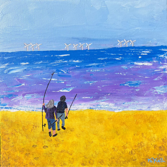 An original acrylic painting of a man and woman on a beach with fishing rods looking out to sea. The blue and purple ocean has white breaking waves and the sand is a vivid yellow. There are 10 small wind turbines on the horizon where the sea and sky meet.