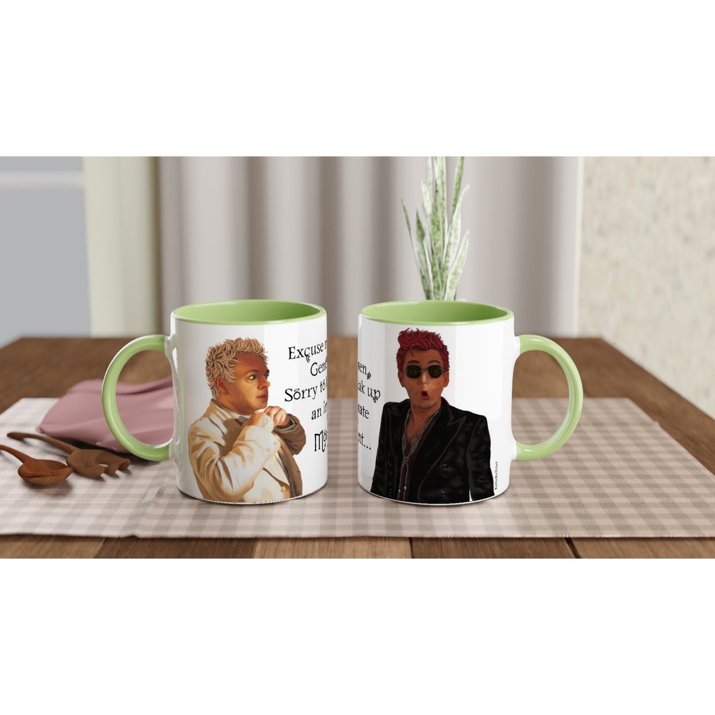Good Omens inspired white mug with Aziraphale and Crowley printed on. Text reads Excuse me gentlemen, sorry to break up an intimate moment. The base of the cup is white and handle and rim are lime green.