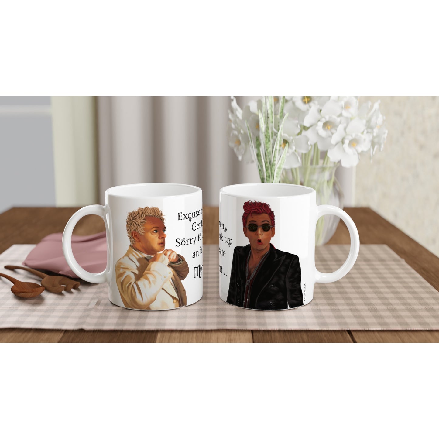 Good Omens inspired white mug with Aziraphale and Crowley printed on. Text reads Excuse me gentlemen, sorry to break up an intimate moment. The base of the cup is white.