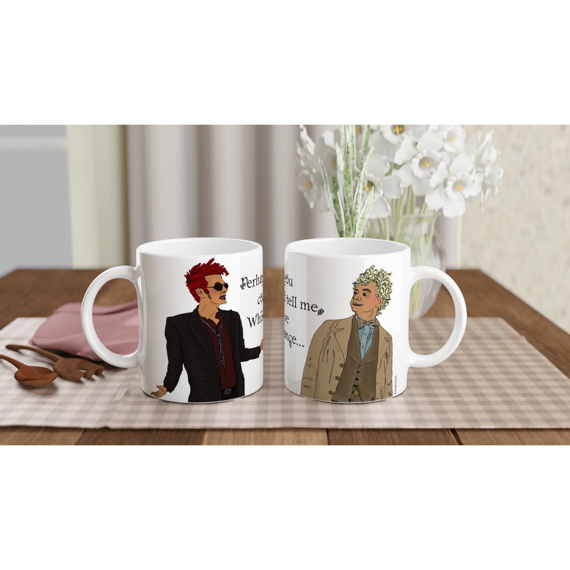 A white cup with an angel and demon inspired by Good Omens, dancing, with the text: Perhaps you could tell me, while we dance printed on.