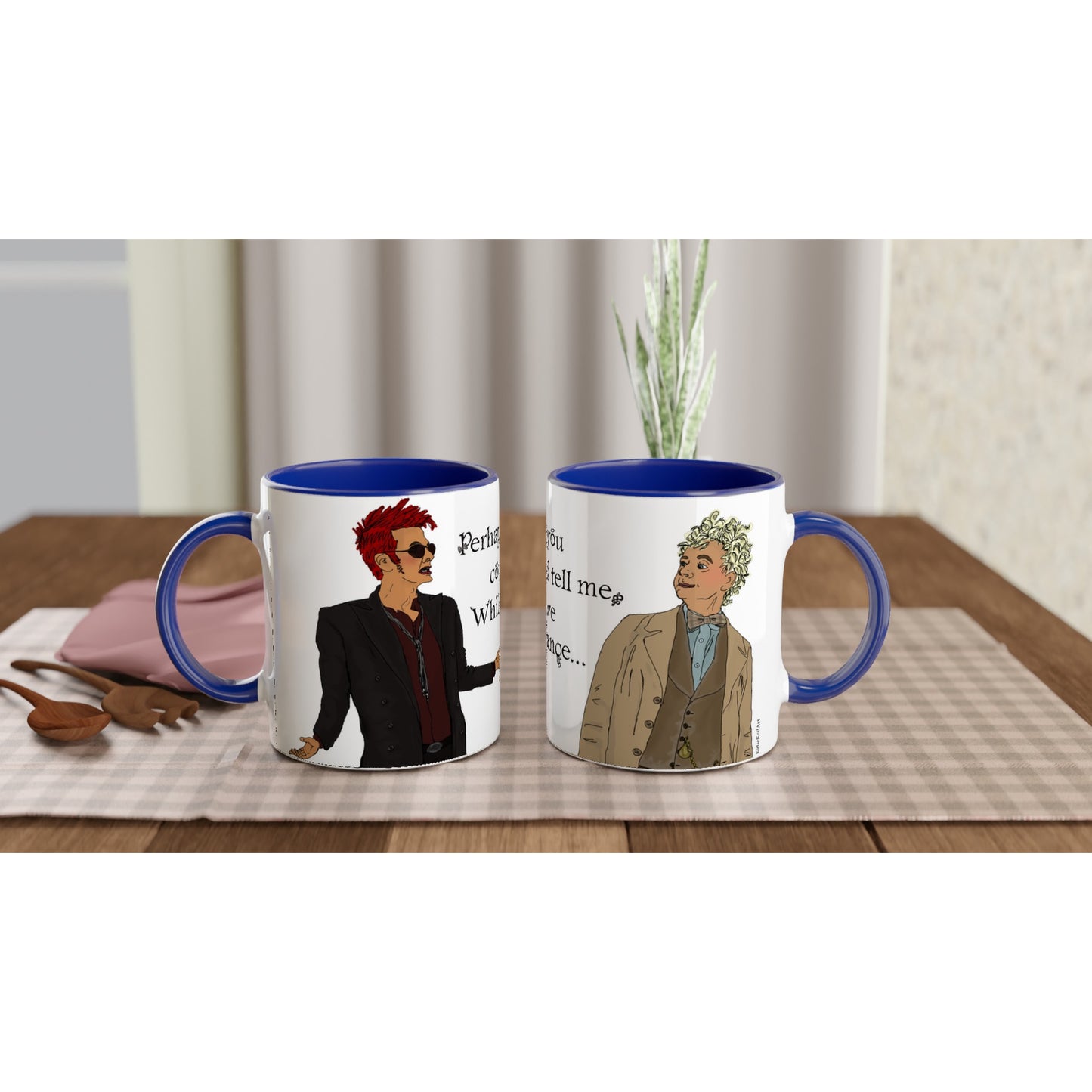 A white cup with an angel and demon inspired by Good Omens, dancing, with the text: Perhaps you could tell me, while we dance printed on. The rim and handle is royal blue.