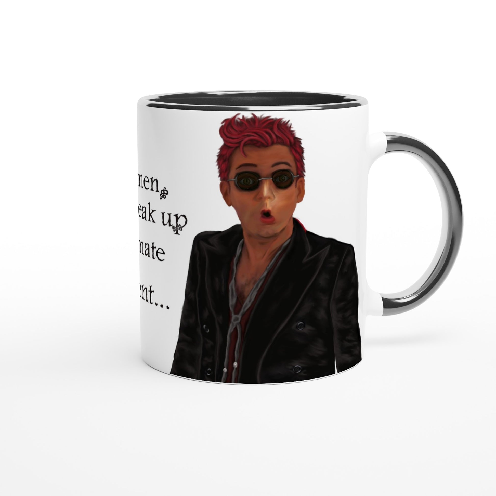 A section of a Good Omens inspired white mug showing Crowley printed on. Text reads Excuse me gentlemen, sorry to break up an intimate moment. The base of the cup is white and handle and rim are black.