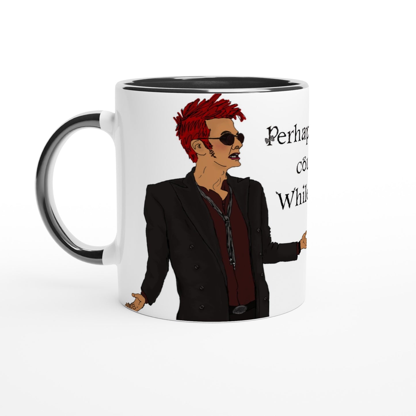 One side of a white cup with a demon with red hair and sunglasses inspired by Good Omens printed on. The rim and handle is black.